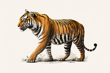 Tiger illustration, full length, side view on a white background. Generative AI illustration.