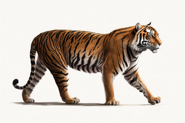 Tiger illustration, full length, side view on a white background. Generative AI illustration.