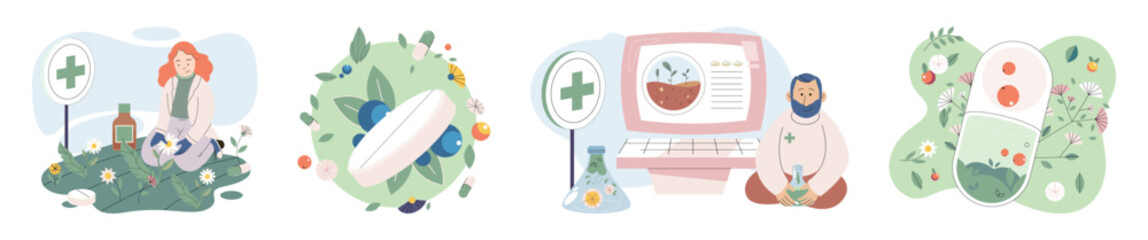 Homeopathy and herbal remedies set. Medical research laboratory diagnostics. Homeopathic treatment and phytotherapy. Traditional herb recipes of alternative medicine. Medicine pharmacy. Herbal pills