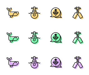 Set line Anchor, Whale, Submarine and Crossed oars paddles boat icon. Vector