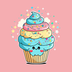 Pattern with cute muffin with smiling face, colorful cupcake. Perfect content for wallpaper, postcards, posters, fabric, napkins and other creative projects. 