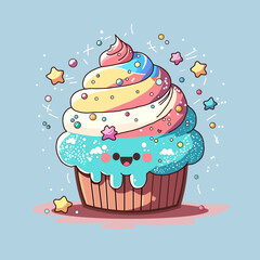 Pattern with cute muffin with smiling face, colorful cupcake. Perfect content for wallpaper, postcards, posters, fabric, napkins and other creative projects. 