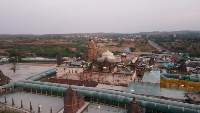 Osian, Rajasthan, India 2nd March 2023: The Sachchiya Mata Temple is located in Osian, near Jodhpur city in the Indian state of Rajasthan. Kuldevi. Jodhpur - Bikaner Highway. Drone shots.