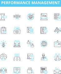 Performance management vector line icons set. Performance, Management, Assessment, Appraisal, measurement, Monitoring, Evaluation illustration outline concept symbols and signs