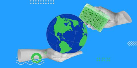 Ecology concept. Care about planet ecology. A hand with a sponge cleans the symbolic Earth. A appeal to action to save the planet. Minimalist art collage