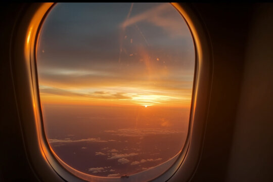 Beautiful scenic city view of sunset through the aircraft window, airplane Generative AI