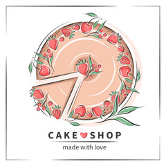 Fototapeta Cake shop logo. Сake and berries. Vector illustration on white background for menu, recipe book, baking shop. obraz