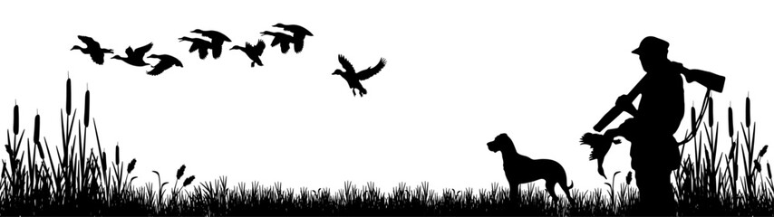 Wildlife Duck animals hunting hunt landscape panorama vector illustration - Black silhouette of hunter with rifle gun and dog in reed bog shoots at flying mallard ducks, isolated on white background