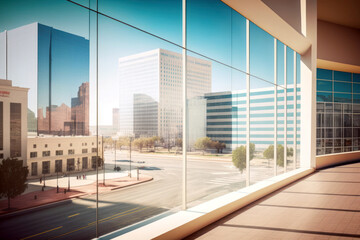 Modern office building hall, commercial buildings view out of glass windows. Generative AI