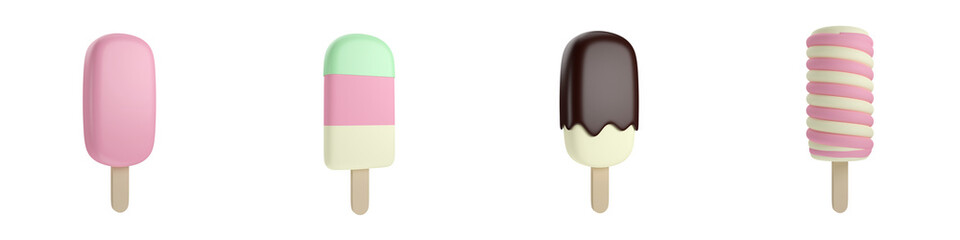 Set of strawberry, vanilla and chocolate ice cream dessert with a popsicle stick in Beach Concept Summer Theme, PNG transparent background, 3D element, 3D illustration