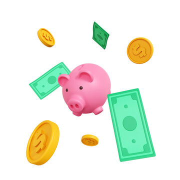 3d render of floating piggy bank with money and coins isolated Transparent Background