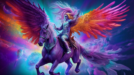 AI Generated art of knight on unicorn with wings
