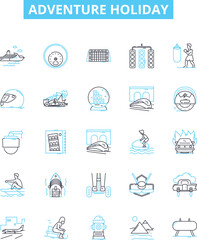 Adventure holiday vector line icons set. Voyage, Expedition, Trek, Tour, Holiday, Camp, Journey illustration outline concept symbols and signs
