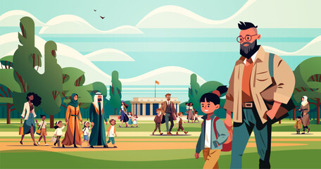 parents and little children walking together in park people performing leisure activities outdoors landscape background