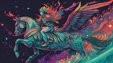 AI Generated art of knight on unicorn with wings