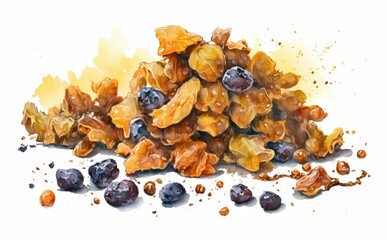 Drawn grapes and raisins on white background watercolor organic food illustrations Generative AI
