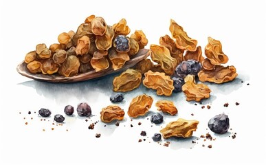 Obraz premium Drawn grapes and raisins on white background watercolor organic food illustrations Generative AI