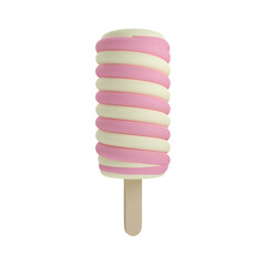 strawberry and vanilla swirl ice cream dessert with a popsicle stick in Beach Concept Summer Theme, PNG transparent background, 3D element, 3D illustration