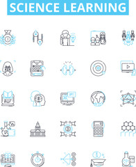 Science learning vector line icons set. Science, Biology, Chemistry, Physics, Astronomy, Earth science, Geology illustration outline concept symbols and signs