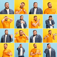 Collage made of closeup portraits of bearded man expressing different emotions over blue and yellow backgrounds.