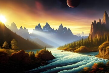 mystical landscape with craggy mountains and rivers on an extrasolar planet, wallpaper