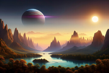 mystical landscape with craggy mountains and rivers on an extrasolar planet, wallpaper