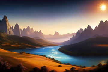 mystical landscape with craggy mountains and rivers on an extrasolar planet, wallpaper