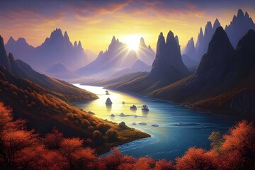 mystical landscape with craggy mountains and rivers on an extrasolar planet, wallpaper