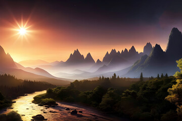 mystical landscape with craggy mountains and rivers on an extrasolar planet, wallpaper