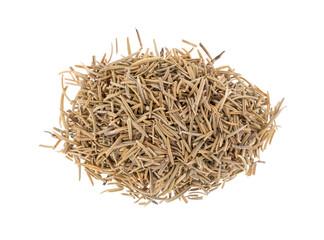 Top view of a portion of rosemary whole leaf culinary spice isolated on a white background.