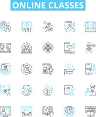 Online classes vector line icons set. Online, Classes, Learning, eLearning, Remote, Virtual, Webinars illustration outline concept symbols and signs