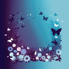 Naklejka na ściany i meble Dusty Blue Soft Mauve Background Glitter Silhouettes Flowers Butterflies Square Card.. Generative AI