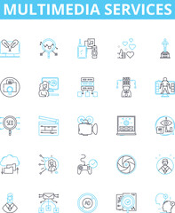 multimedia services vector line icons set. Multimedia, Services, Audio, Video, Animation, Messaging, Streaming illustration outline concept symbols and signs