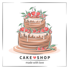 Fototapeta Cake shop logo. Сakedecorated with berries. Vector illustration on white background for menu, recipe book, baking shop, cafe, restaurant. obraz