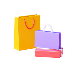 Shopping bag and box pile 3d render - group of various shop and gift paper packs.
