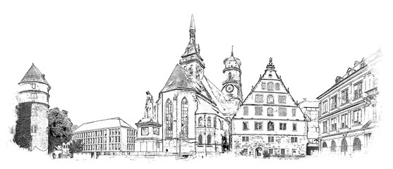 Schillerplatz is a square in the center of Stuttgart, Germany. It was created in its current form in honor of Friedrich Schiller, ink sketch illustration. - obrazy, fototapety, plakaty