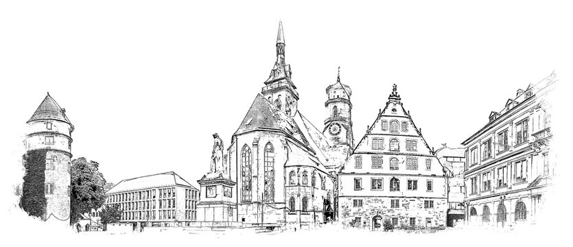 Schillerplatz is a square in the center of Stuttgart, Germany. It was created in its current form in honor of Friedrich Schiller, ink sketch illustration.