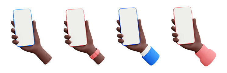 Hand holding mobile phone 3d render illustration set - african human hand with telephone with empty screen.