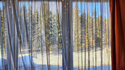 The window in the room and curtains against the backdrop of the forest covered with snow at winter