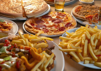 Bright wide-angle shot of a large table filled with various types of fast food including pizza, hamburgers, french fries, and drinks. (Generative AI)