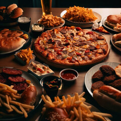 Epic background of various types of fast food including hamburgers, pizza, french fries, and soda, arranged in an artistic way (Generative AI)
