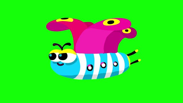Cartoon blinking butterfly moth CMYK color on greenbox. Cute flying character isolated animation. Green screen, seamless loop.