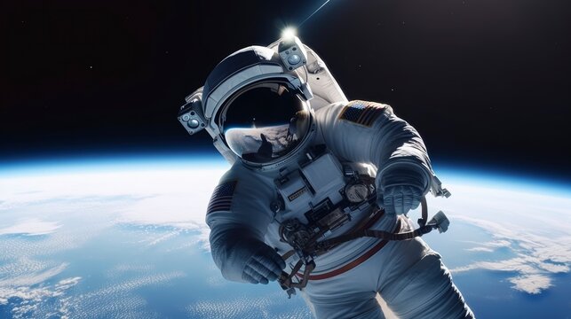 astronaut in space, earth at background soft blur blue marble, person in spacesuit, generative ai