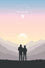 time to travel couple on mountain landscape at sunset