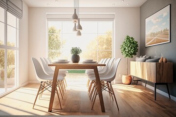 Modern Dining Room Interior, Minimalist Design, Stylish Decor, Generative AI