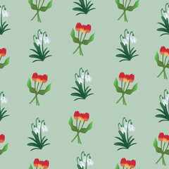 Spring concept. Flat cartoon seamless pattern with tulipas and snowdrops