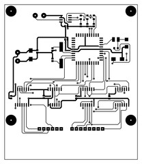 A printed circuit board of an electronic device with
components of radio elements, conductors and 
contact pads placed on it. Engineering drawing of a pcb
(top  layer).