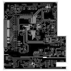 A printed circuit board of an electronic device with
components of radio elements, conductors and 
contact pads placed on it. Engineering drawing of a pcb (top  layer).