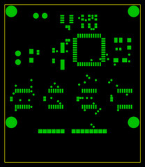 Assembly drawing electronic circuit board with components. 
Computer motherboard.