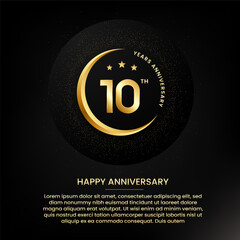 10 years anniversary with a half moon, stars, glitter and editable speech text. Golden half moon anniversary banner template with a golden number